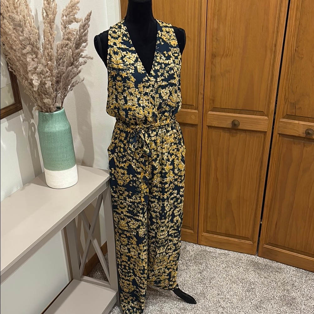 Collective Concepts Navy and Gold Floral Jumpsuit